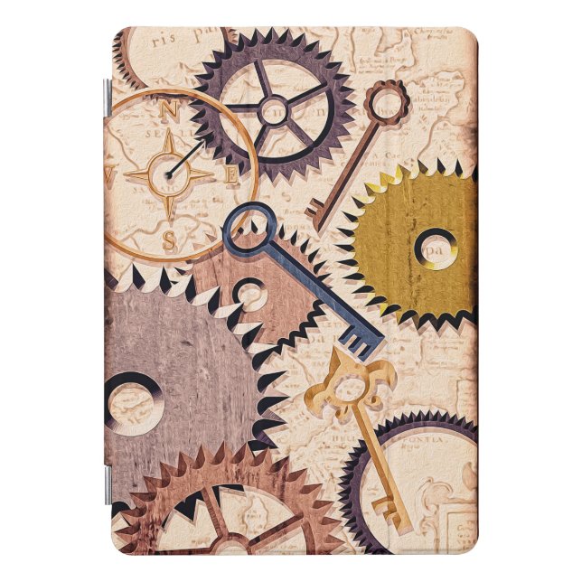 Steampunk Wheels, Gears, Keys, Old Map Oil Paint iPad Pro Cover (Front)