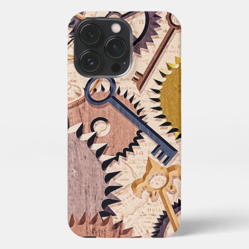 Steampunk Wheels Gears Keys Old Map Oil Paint iPhone 13 Pro Case