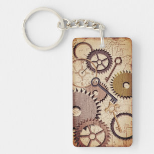 Steampunk Wheels, Gears, Keys, Old Map Oil Paint Keychain