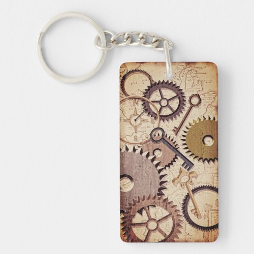 Steampunk Wheels Gears Keys Old Map Oil Paint Keychain