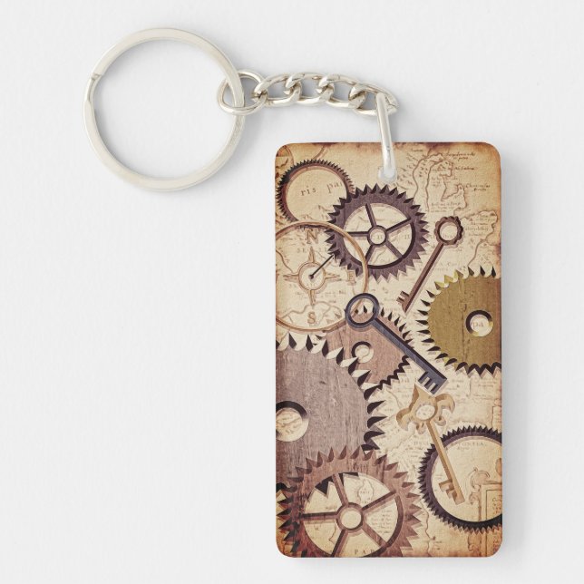 Steampunk Wheels, Gears, Keys, Old Map Oil Paint Keychain (Front)