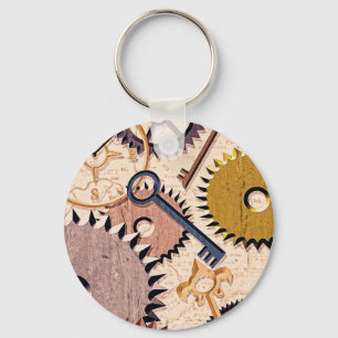 Steampunk Wheels, Gears, Keys, Old Map Oil Paint Keychain