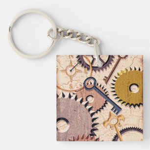 Steampunk Wheels, Gears, Keys, Old Map Oil Paint Keychain
