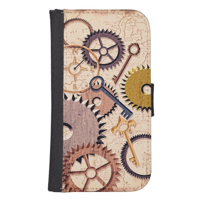 Steampunk Wheels, Gears, Keys, Old Map Oil Paint Samsung Galaxy Wallet Case (Front)