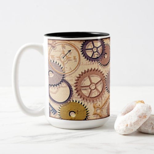 Steampunk Wheels Gears Keys Old Map Oil Paint Two_Tone Coffee Mug