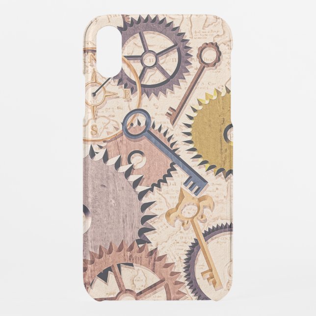 Steampunk Wheels, Gears, Keys, Old Map Oil Paint Uncommon iPhone Case (Back)