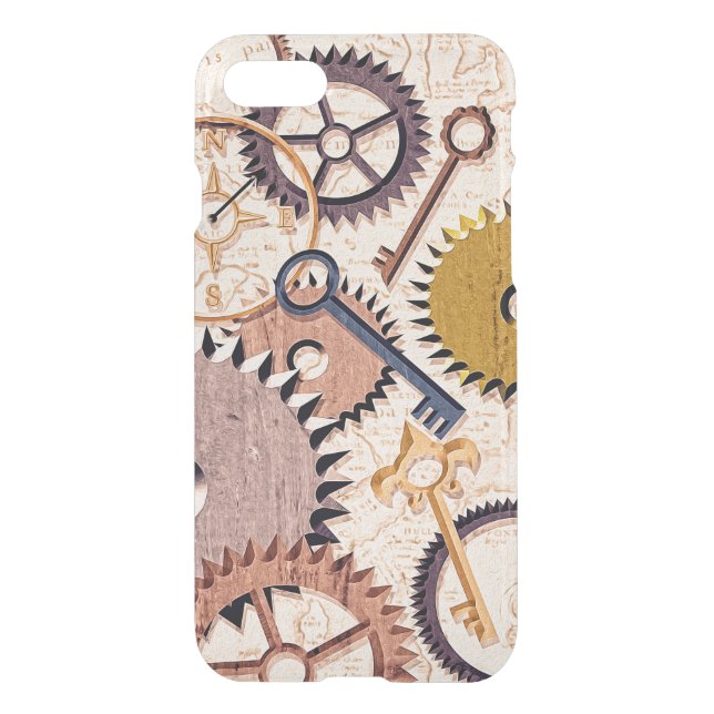 Steampunk Wheels, Gears, Keys, Old Map Oil Paint Uncommon iPhone Case (Back)