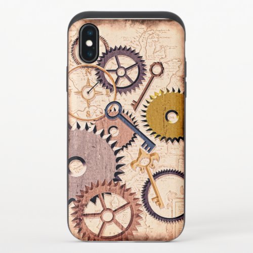 Steampunk Wheels Gears Keys Old Map Oil Paint iPhone XS Slider Case