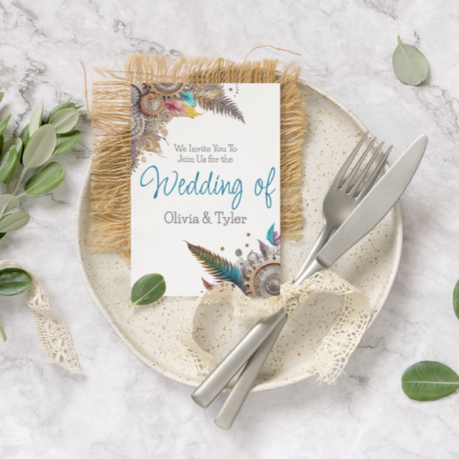 Steampunk, White Flowers and Feathers Wedding  Invitation (Creator Uploaded)