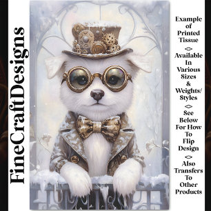 Steampunk White Puppy Dog In Snow AJ2 Decoupage Tissue Paper