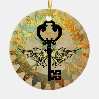 Steampunk Winged Key and Cog Wheel Ceramic Ornament