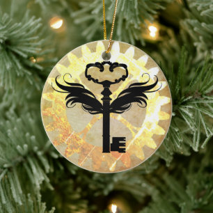 Steampunk Winged Key and Cog Wheel Ceramic Ornament