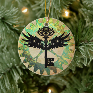 Steampunk Winged Key and Cog Wheel Ceramic Ornament
