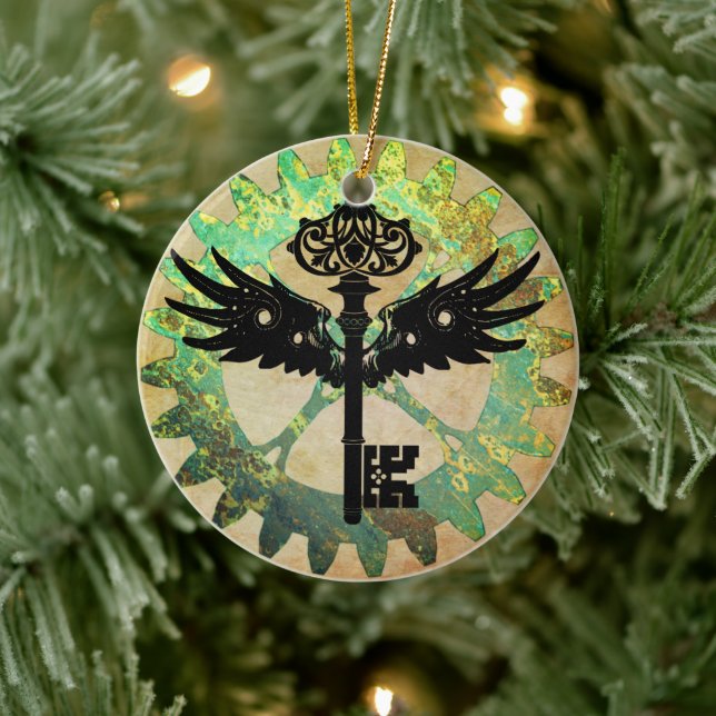 Steampunk Winged Key and Cog Wheel Ceramic Ornament (Tree)