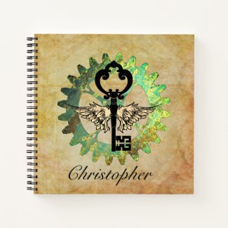 Steampunk Winged Key and Cog Wheel Spiral Notebook