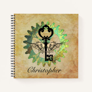 Steampunk Winged Key and Cog Wheel Spiral Notebook