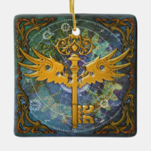Steampunk Winged Key Ceramic Ornament