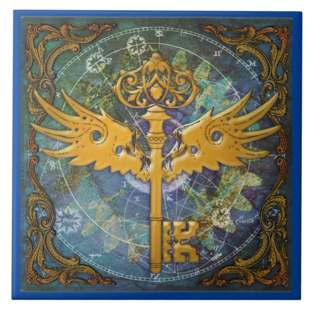 Steampunk Winged Key Ceramic Tile (Front)