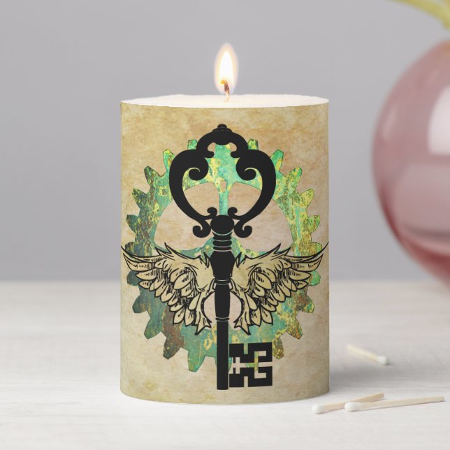 Steampunk Winged Key & Cog Wheel Design Pillar Candle (In Situ)