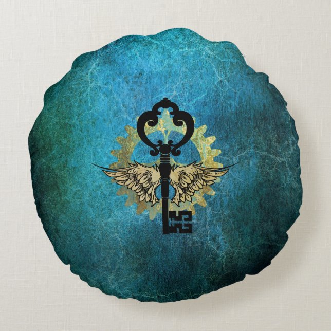 Steampunk Winged Key & Cog Wheel Design  Round Pillow (Back)