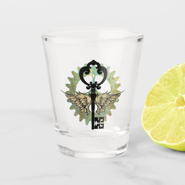 Steampunk Winged Key & Cog Wheel Design Shot Glass (Front)
