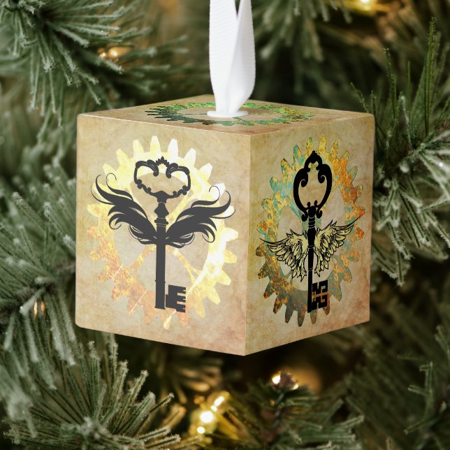 Steampunk Winged Key & Cog Wheel Designs  Cube Ornament (Tree)