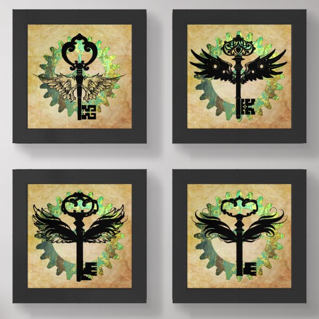 Steampunk Winged Key & Cog Wheel Designs Wall Art Sets (Front)