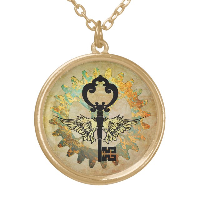 Steampunk Winged Key & Cog Wheel  Gold Plated Necklace (Front)