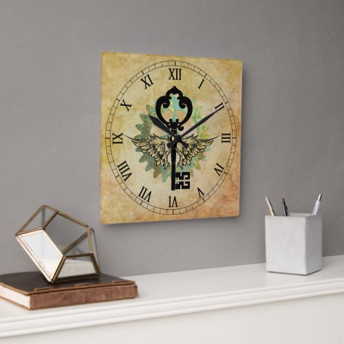 Steampunk Winged Key  Cog Wheel Square Wall Clock