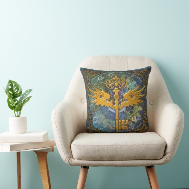 Steampunk Winged Key Throw Pillow (Chair)