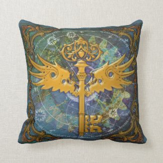 Steampunk Winged Key Throw Pillow