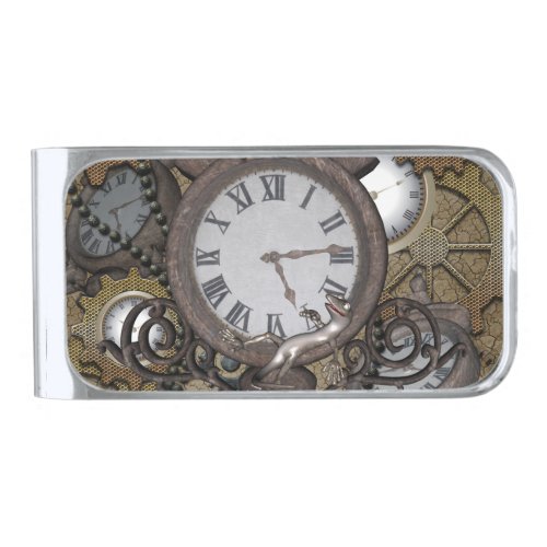 Steampunk with clocks and gears silver finish money clip