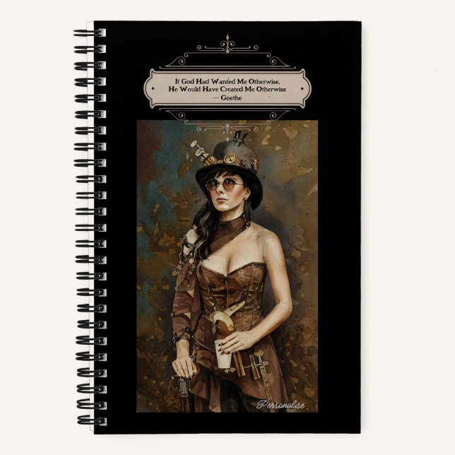 Steampunk Woman Goethe God Quote Black Journal (Front)