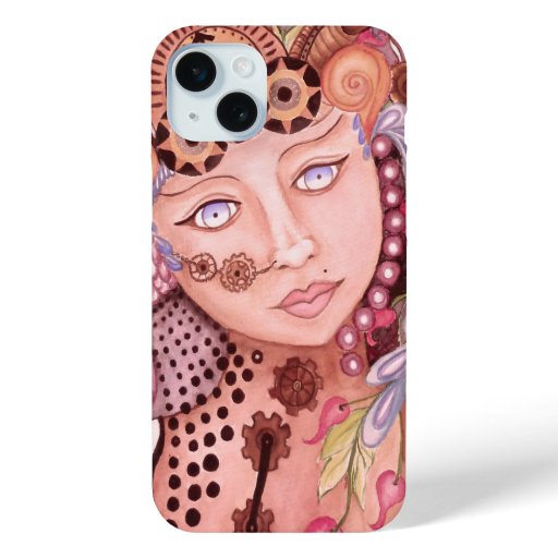 Steampunk woman themed watercolor art iPhone 15 plus case