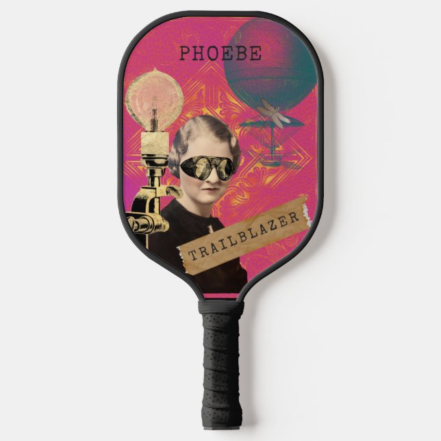 Steampunk Woman Trailblazer Pop Art Personalized Pickleball Paddle (Front)