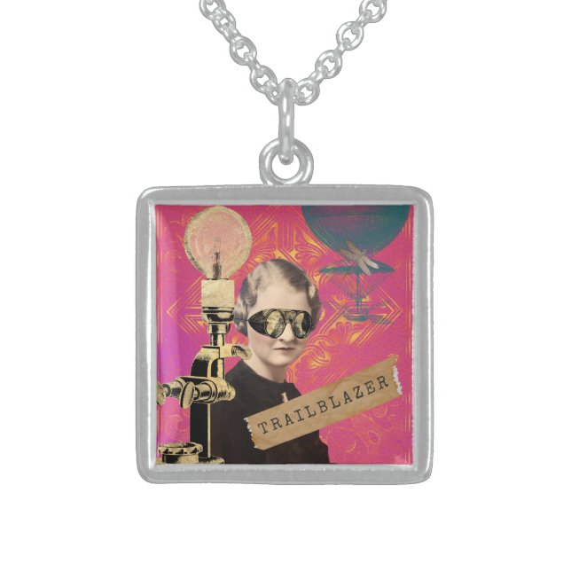 Steampunk Woman Trailblazer Pop Art  Sterling Silver Necklace (Front)