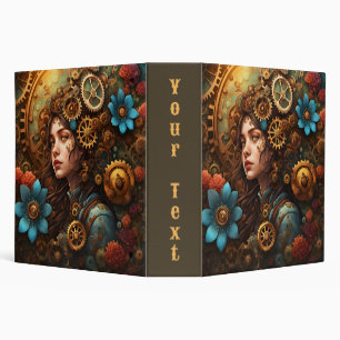 Steampunk Woman with Blue Mechanical Flowers 3 Ring Binder