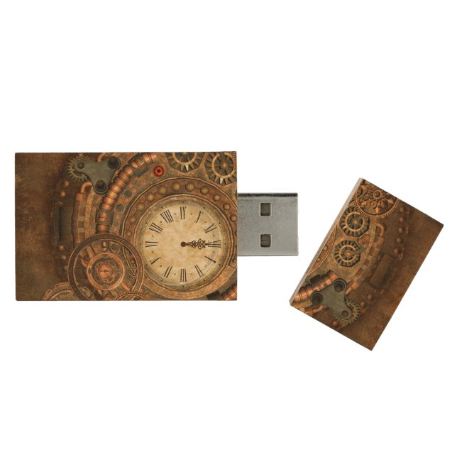 Steampunk, wonderful clockwork wood USB flash drive (Opened)