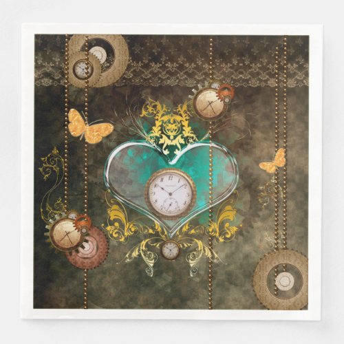 Steampunk wonderful heart with clocks paper dinner napkins