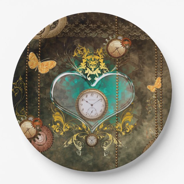 Steampunk, wonderful heart with clocks paper plates (Front)
