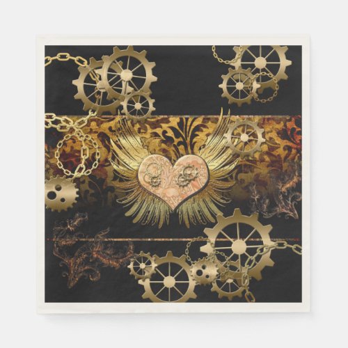 Steampunk wonderful heart with golden gears napkins