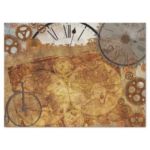 Steampunk World Map Clocks Gears Tissue Paper
