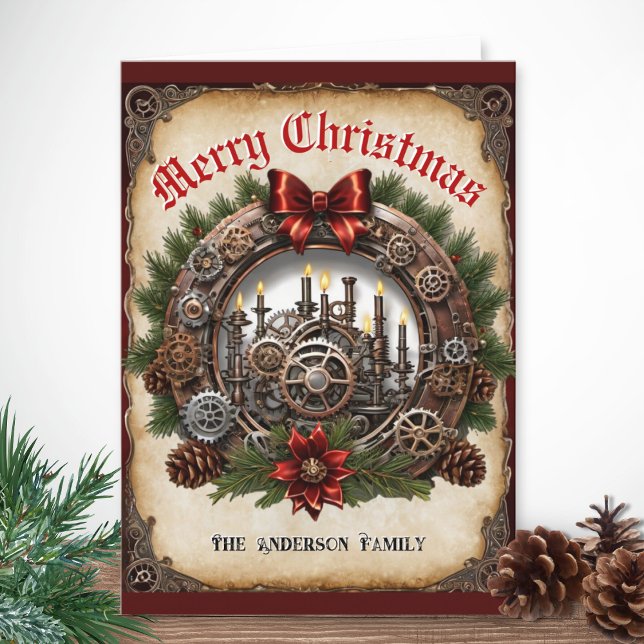 Steampunk Wreath Candles Red Ribbon Cogs Christmas Holiday Card (A Steampunk Christmas card with traditional wreath and candles, metal cogs and gears)