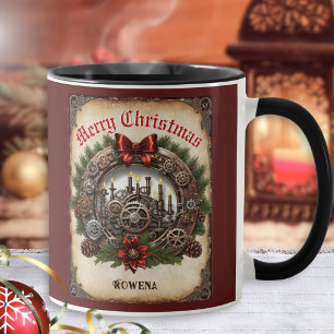 Steampunk Wreath Cogs Gears Christmas Personalized Mug