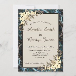 Steampunk Yellow Floral and Beige Wedding Invitation
