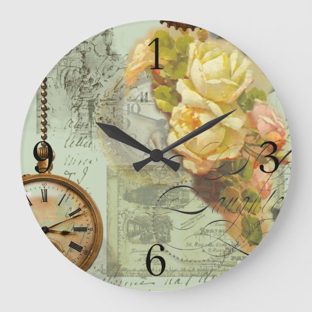 Steampunk & Yellow Roses in Green Large Clock (Front)