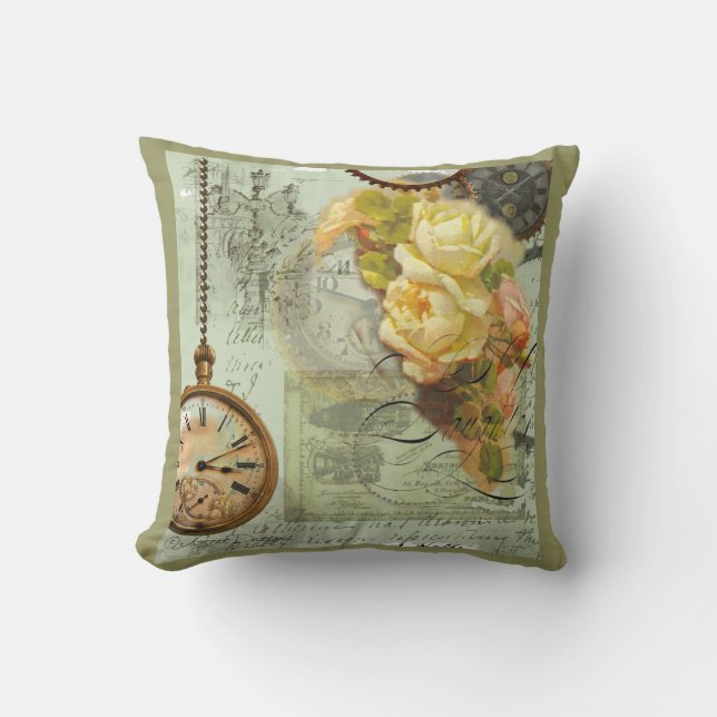 Steampunk & Yellow Roses Throw Pillow (Front)