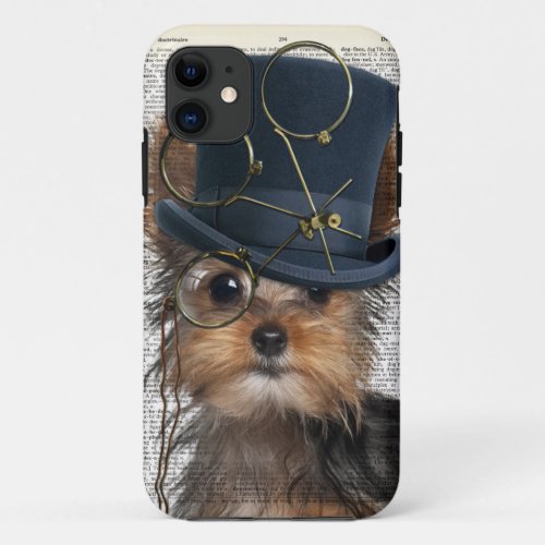 Steampunk Yorkie on a Vintage Dictionary Page iPhone 11 Case