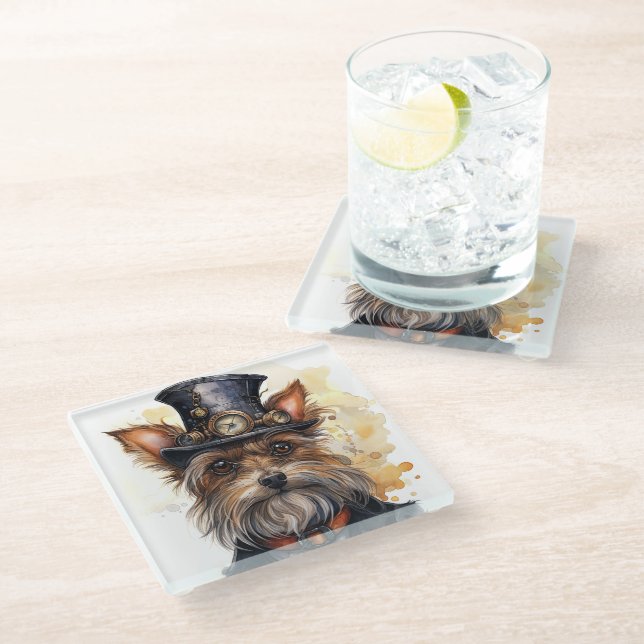 Steampunk Yorkshire Terrier Dog Glass Coaster (Angled)