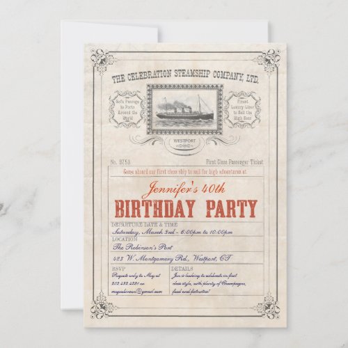 Steamship Cruise Ship Ticket  Invitation Birthday